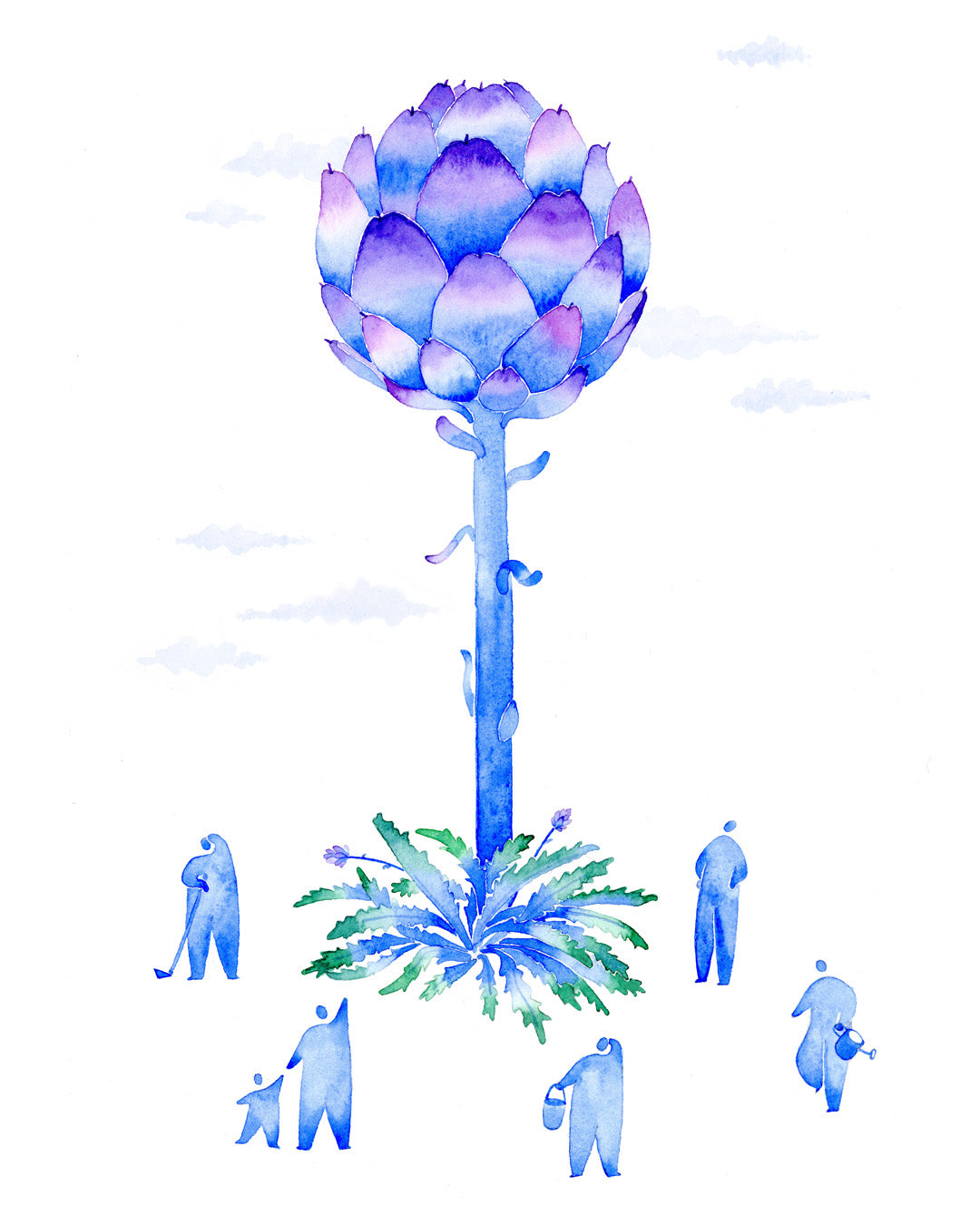 Blue and purple watercolor flower with people around on a white background