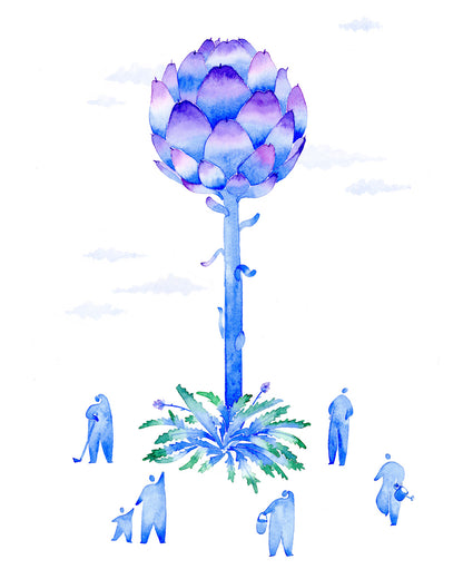 Blue and purple watercolor flower with people around on a white background