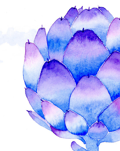 Artichoke with blue and purple watercolor texture on a white background