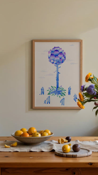 Framed artwork of a blue tree with people around on a wall above a table with fruit and flowers.
